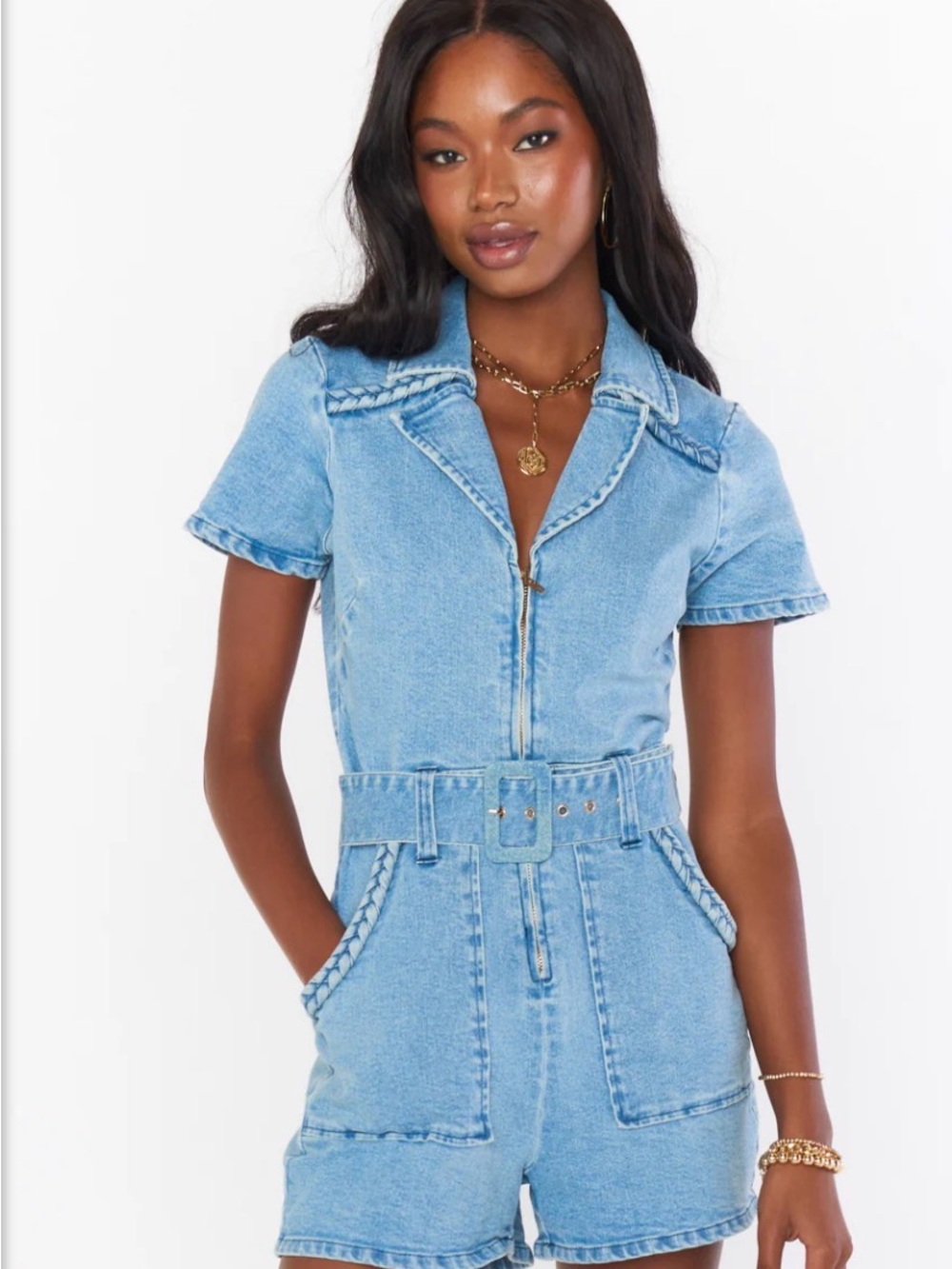 Show Me Your MuMu Light Blue Denim Short Jumpsuit with Belt